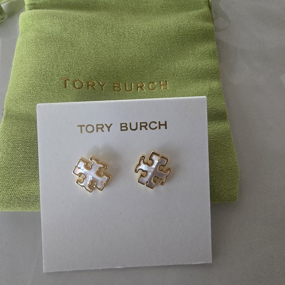 Tory Burch Gold and White Logo Earrings